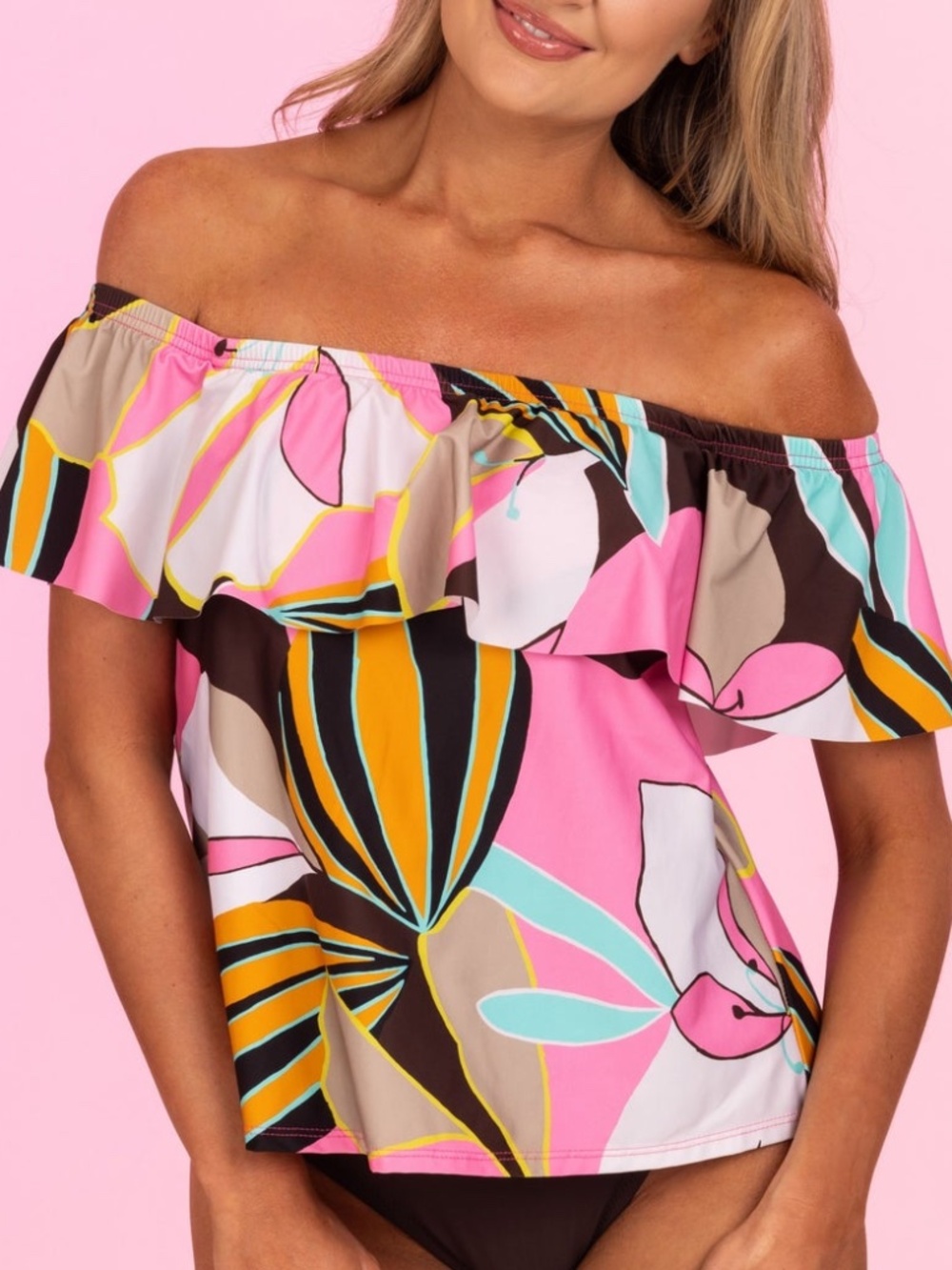NEW Tara Grinna Off Shoulder Ruffle Loose Bandini Tankini Swim Top 176 Ferrara